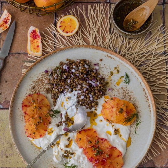 Burrata, lentils and blood oranges