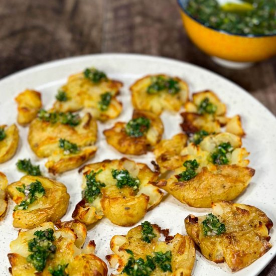 Smashed potatoes with chimichurri