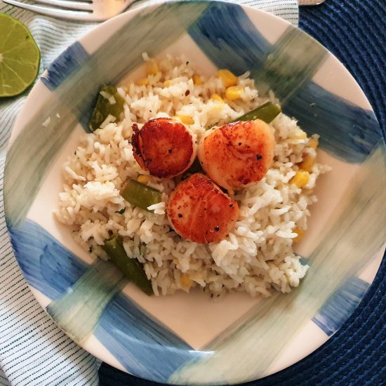 Coconut rice with seared scallops