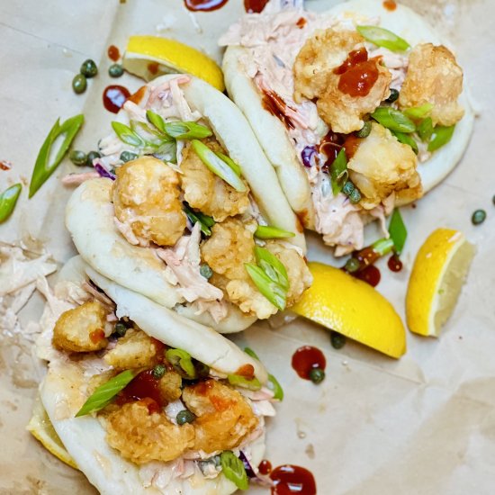 Shrimp Po’ Boy Bao + Wasabi Slaw