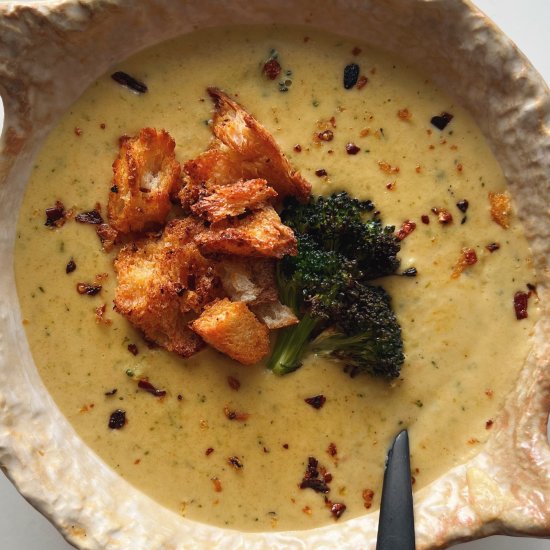 miso roasted broccoli cheese soup