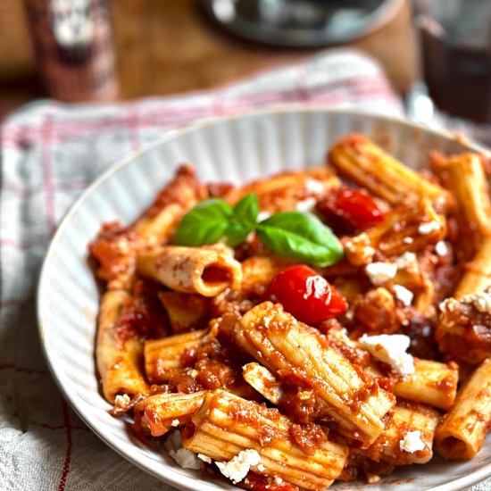 Pasta with Aubergine Ragu and Feta