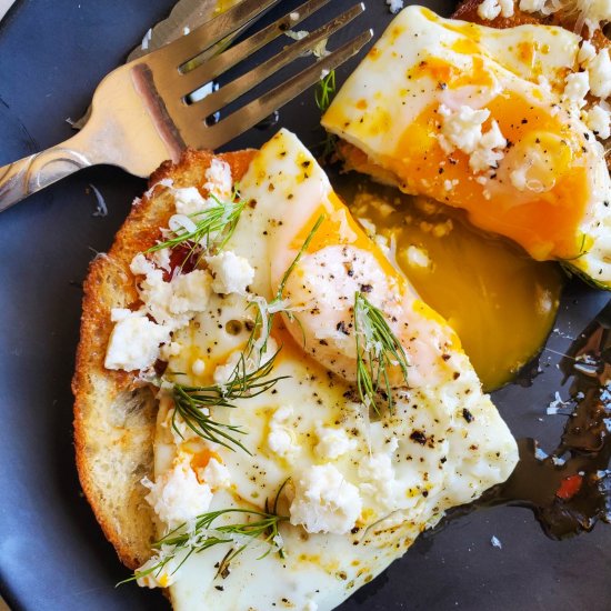 Spicy Egg Toasts with Feta and Dill