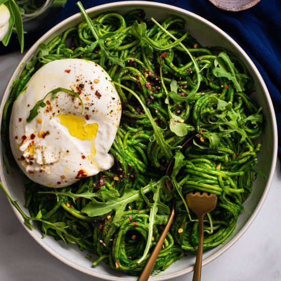 Silky Spinach Spaghetti w Burrata