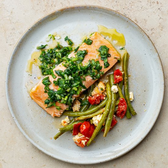 Salmon, Feta Beans and Salsa Verde