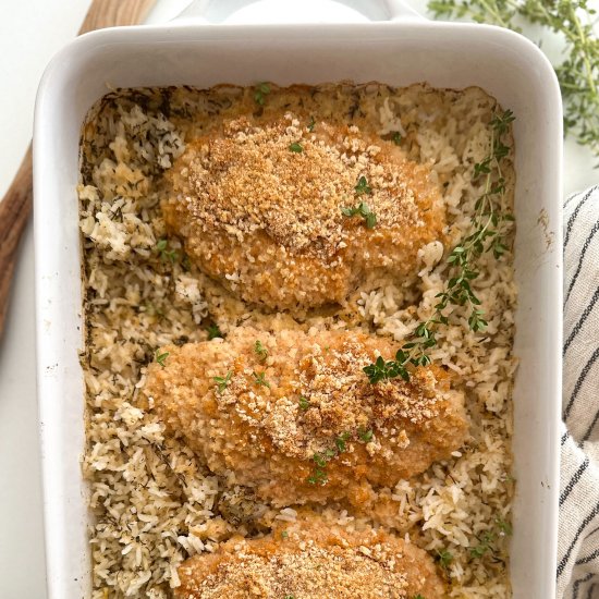 Hummus Crusted Chicken & Rice Bake