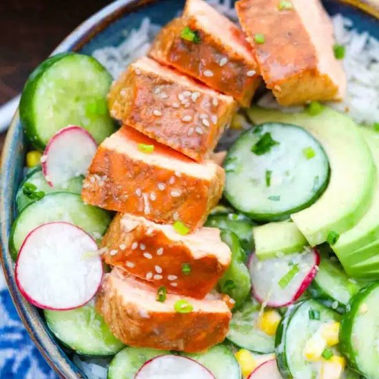 Cucumber Miso Salmon Rice Bowls