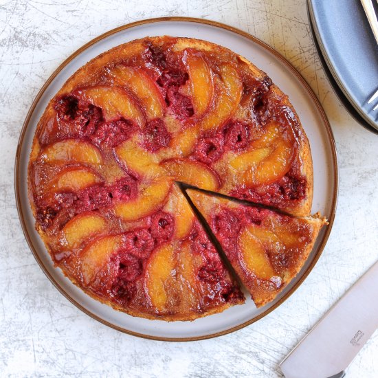 Peach Melba Upside-Down Cake