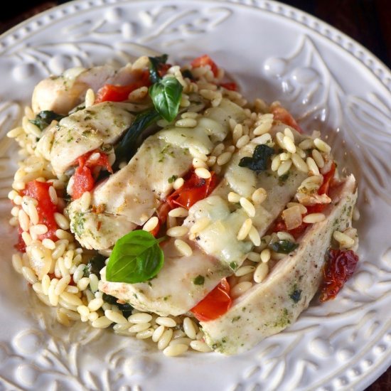 Caprese Chicken Orzo with Spinach