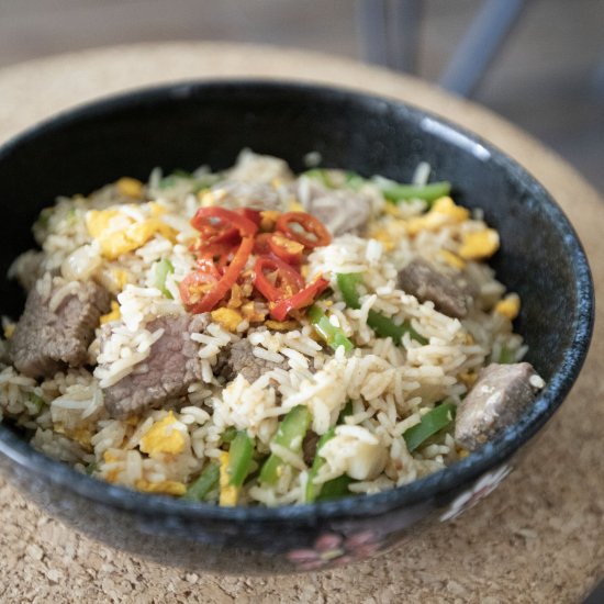 Sacha flavored beef fried rice