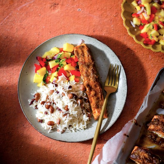 Jerk and Honey Salmon with Mango Sa