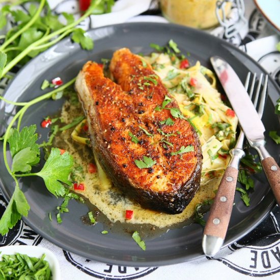 Pan Seared Salmon Steaks with Leek