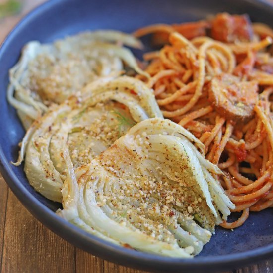 Roasted fennel with vegan parmesan