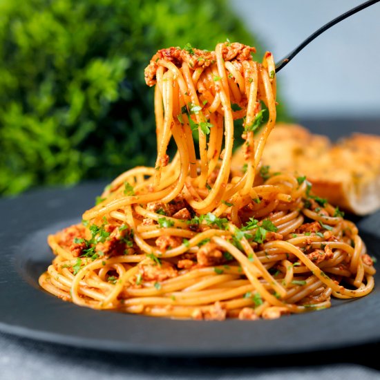 Crumbled Tofu Pasta in Tomato Sauce