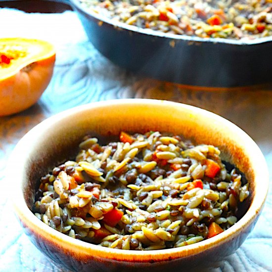 Black Lentils with Orzo and Squash