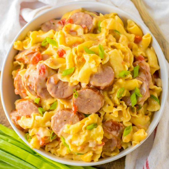 One Pot Cheesy Smoked Sausage Pasta