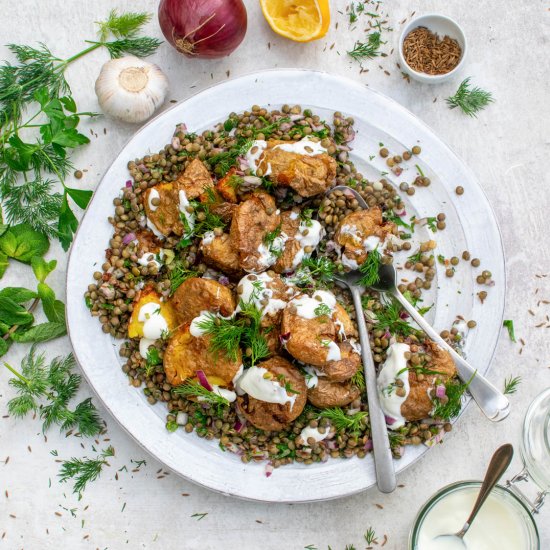 Crispy Smashed Potatoes w/ Lentils