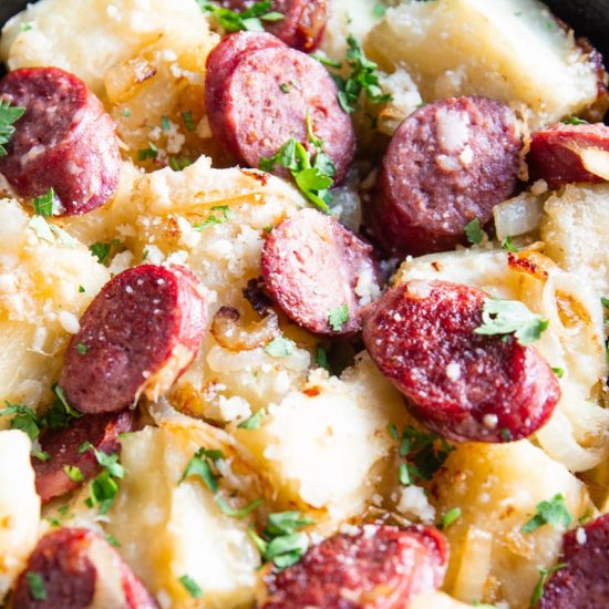 Fried Yuca and Kielbasa