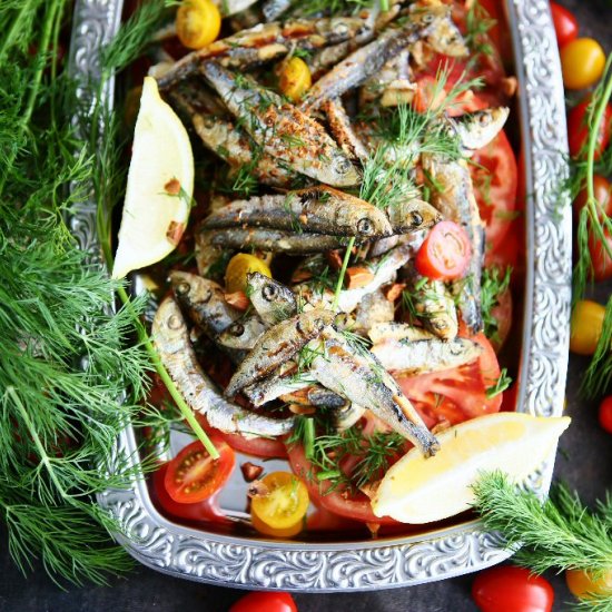 Fried Sprats with Tomato Salad