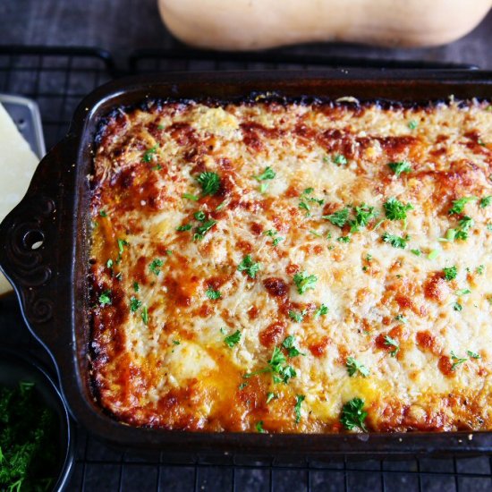 Pumpkin, Mince and Spinach Gratin