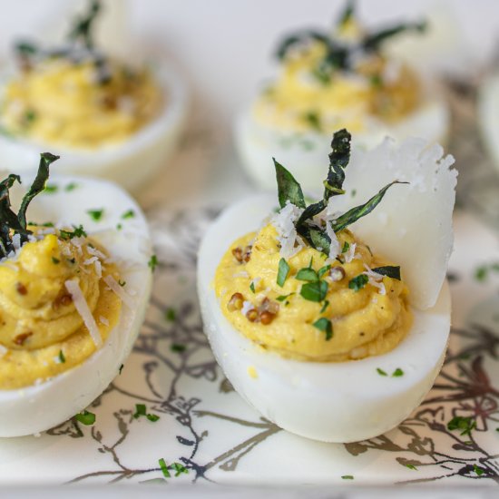 caesar deviled eggs-kale ribbons