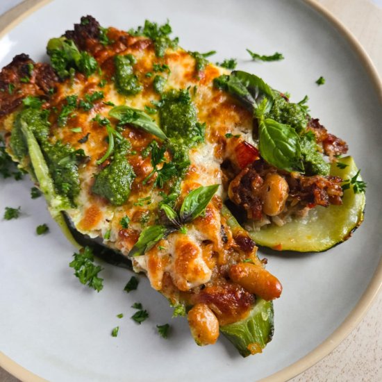 Cheesy Stuffed Zuchinni with Pesto